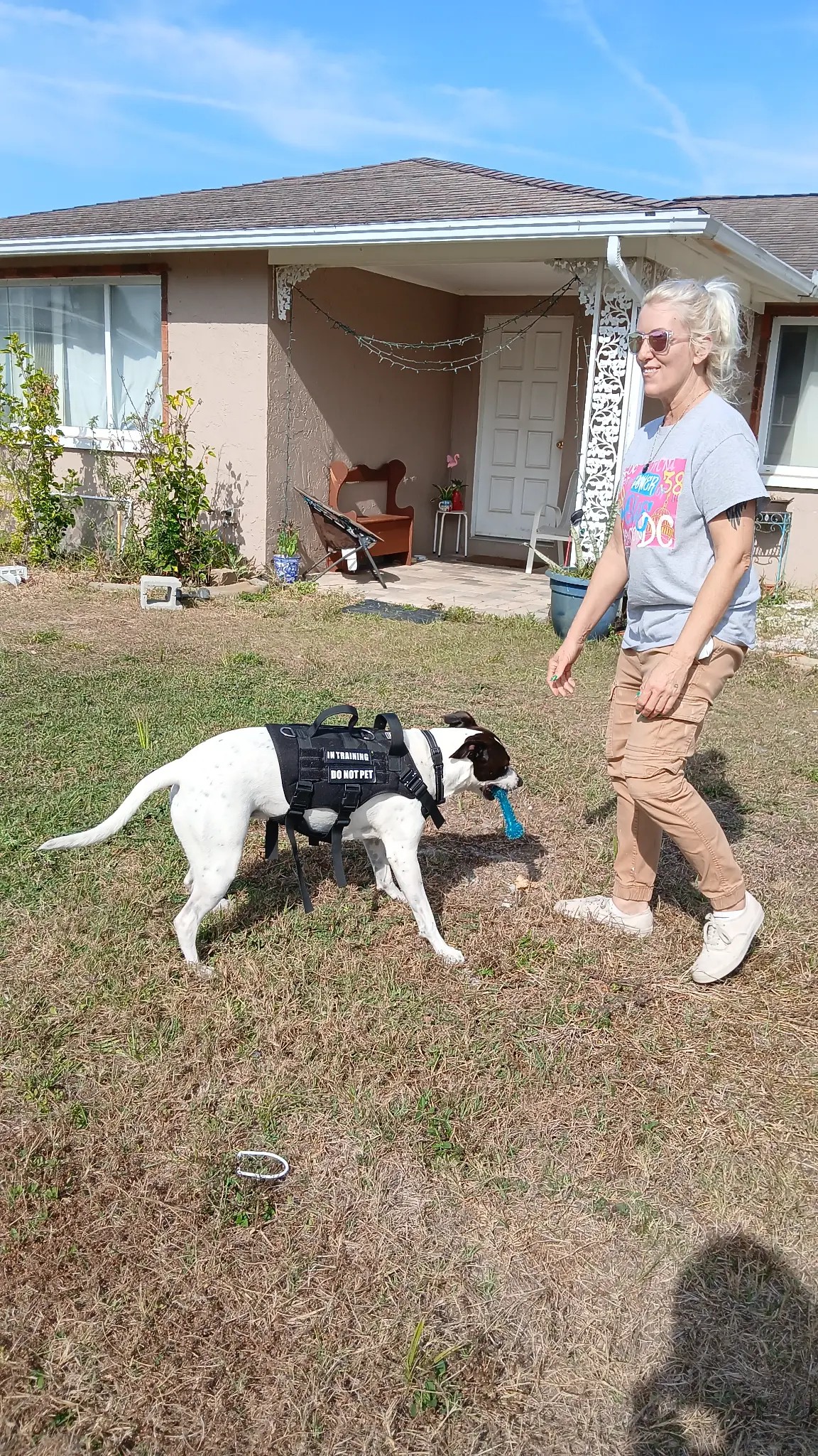 Angie walking Shrudi with IN TRAINING vest at Da Vinci Unleashed